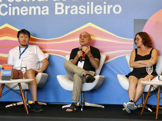 O montador Diego Benevides, o diretor Torquato Joel e a atriz Fabíola Morais