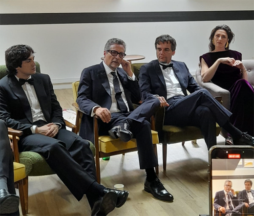 Da esq. para a direita: Gabriel Leone, Kléber Mendonça Filho, Wagner Moura e Maria Fernanda Cândido